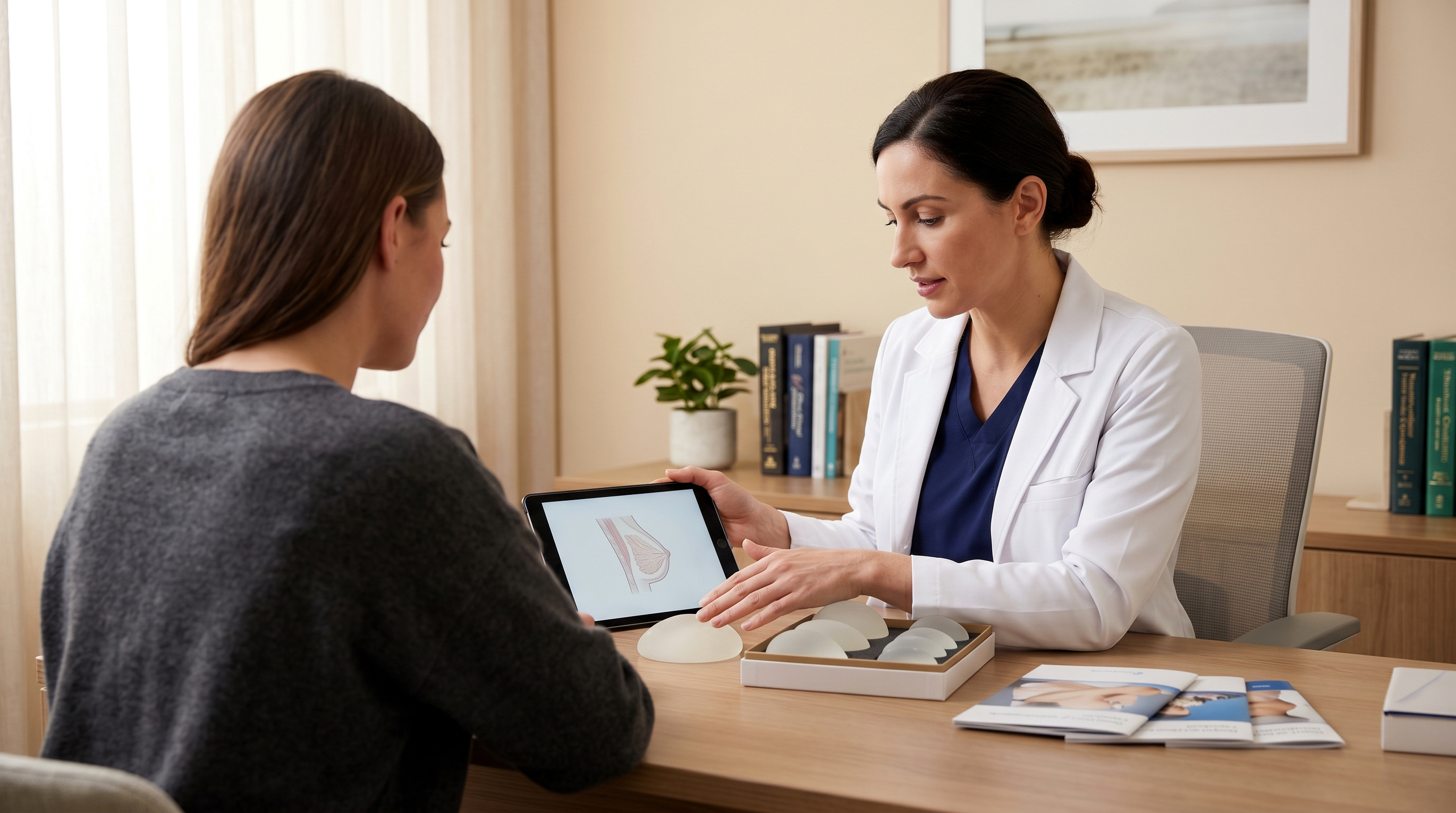 Médica en consulta explicando un tratamiento a una paciente en una clínica premium